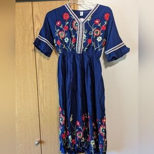 Short Sleeve Mexican Embroidered Floral Pleated Midi A-line Cocktail Dress